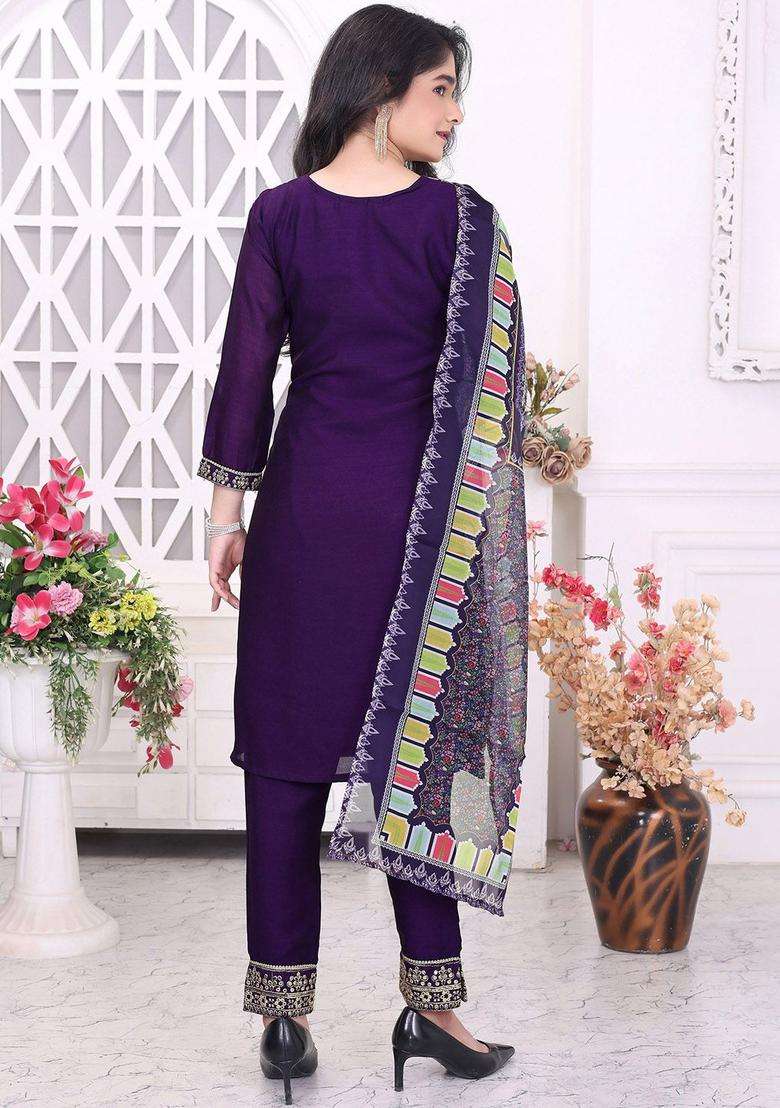 Purple Embroidered Silk Kurta Set For Girls - Indya
