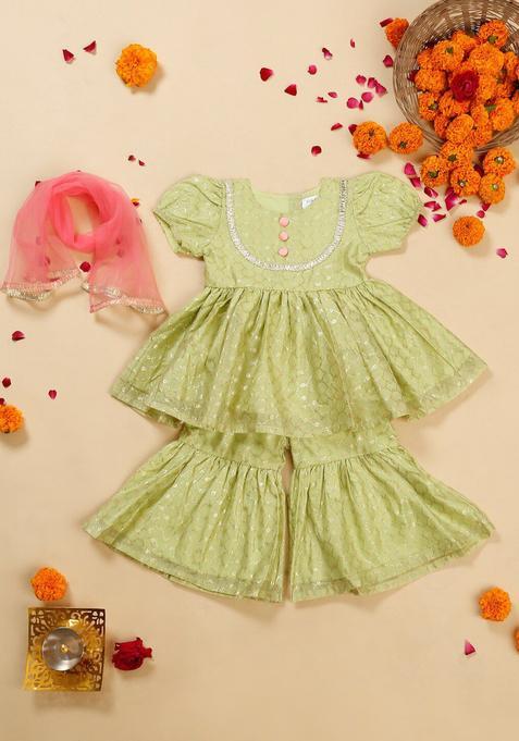 Green Printed Chanderi Kurta Set For Girls — view on Indya