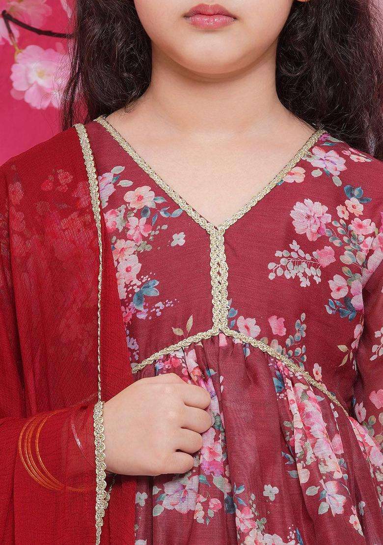 Maroon Printed Silk Kurta Set For Girls - Indya
