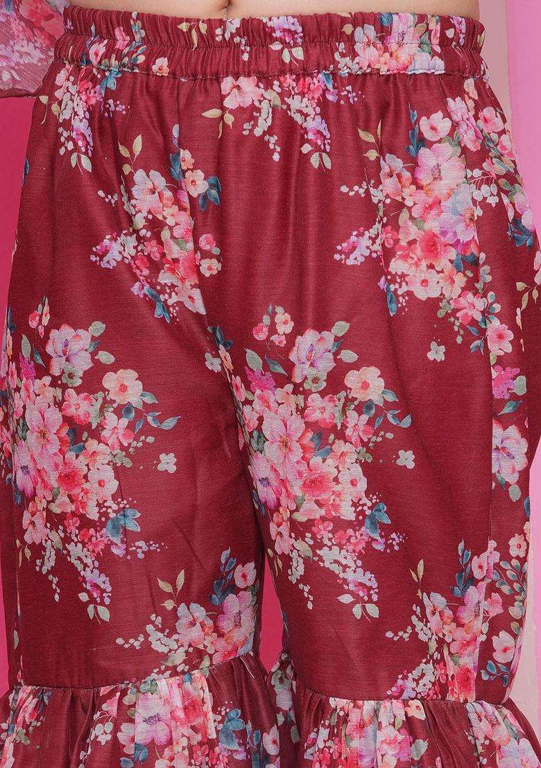 Maroon Printed Silk Kurta Set For Girls - Indya