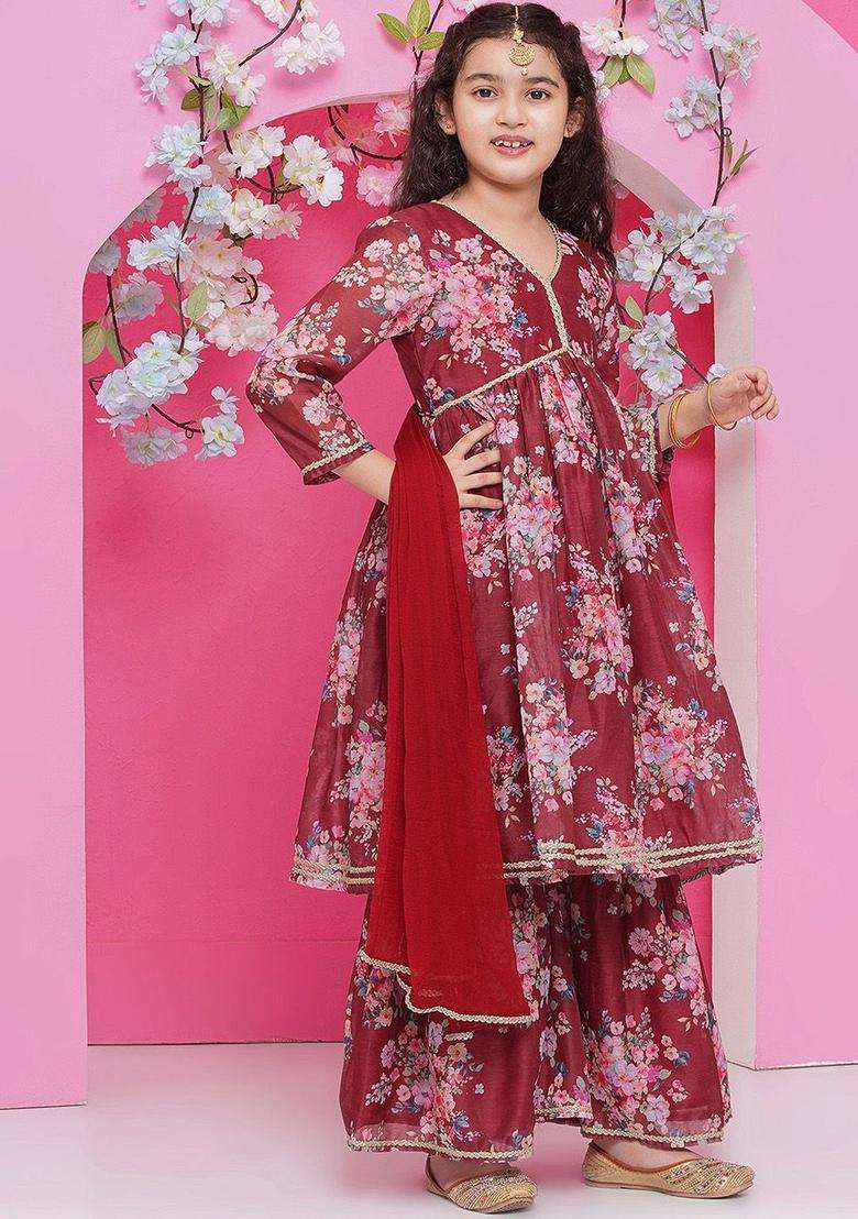 Maroon Printed Silk Kurta Set For Girls - Indya