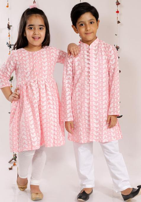 Pink Printed Cotton Anarkali Kurta Set For Girls — view on Indya