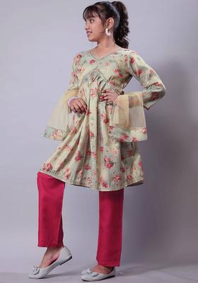 Green Printed Tissue Anarkali Kurta Set For Girls