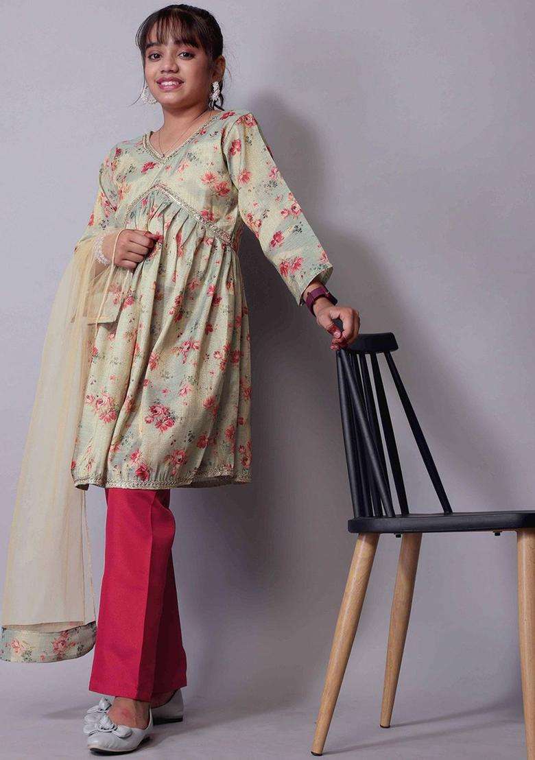 Green Printed Tissue Anarkali Kurta Set For Girls - Indya