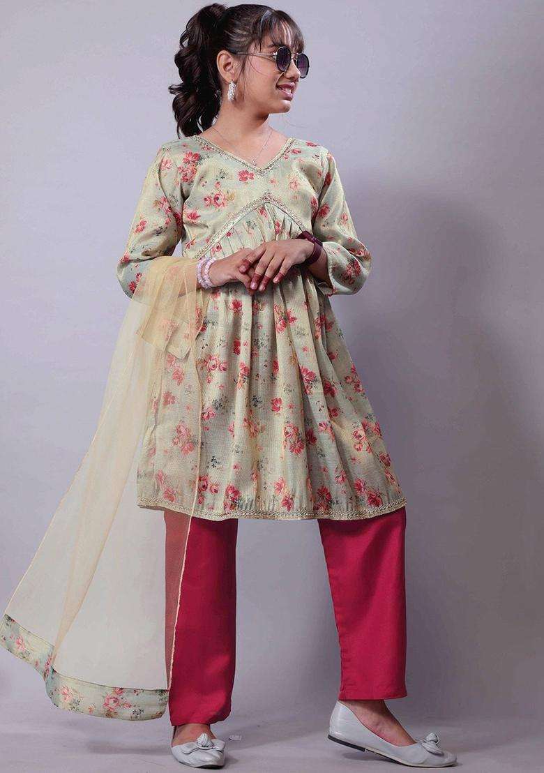 Green Printed Tissue Anarkali Kurta Set For Girls - Indya