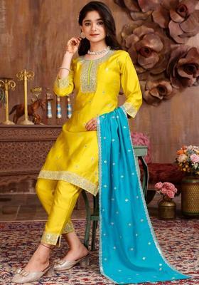Yellow Embroidered Silk Kurta Set For Girls