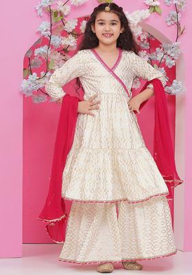 Off White Printed Cotton Kurta Set For Girls
