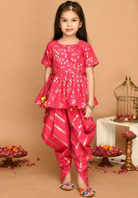 Fuchsia Printed Cotton Kurta Set For Girls