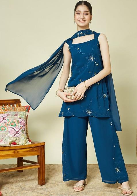 Blue Embroidered Georgette Kurta Set For Girls — view on Indya