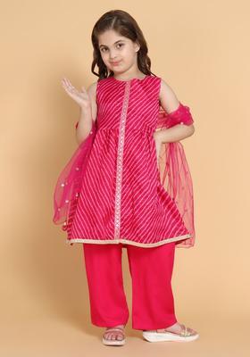 Pink Self Design Silk Kurta Set For Girls