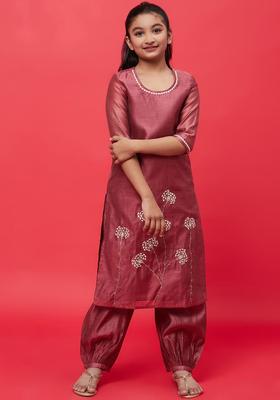 Brown Embroidered Silk Kurta Set For Girls