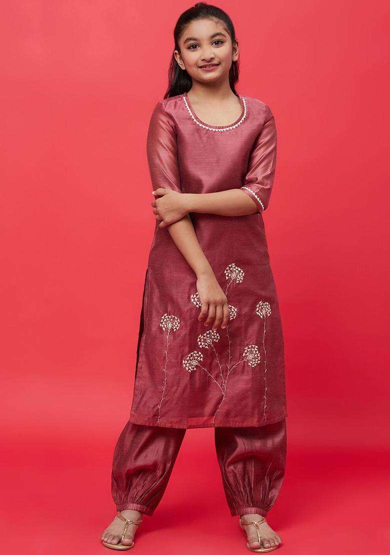 Brown Embroidered Silk Kurta Set For Girls - Indya