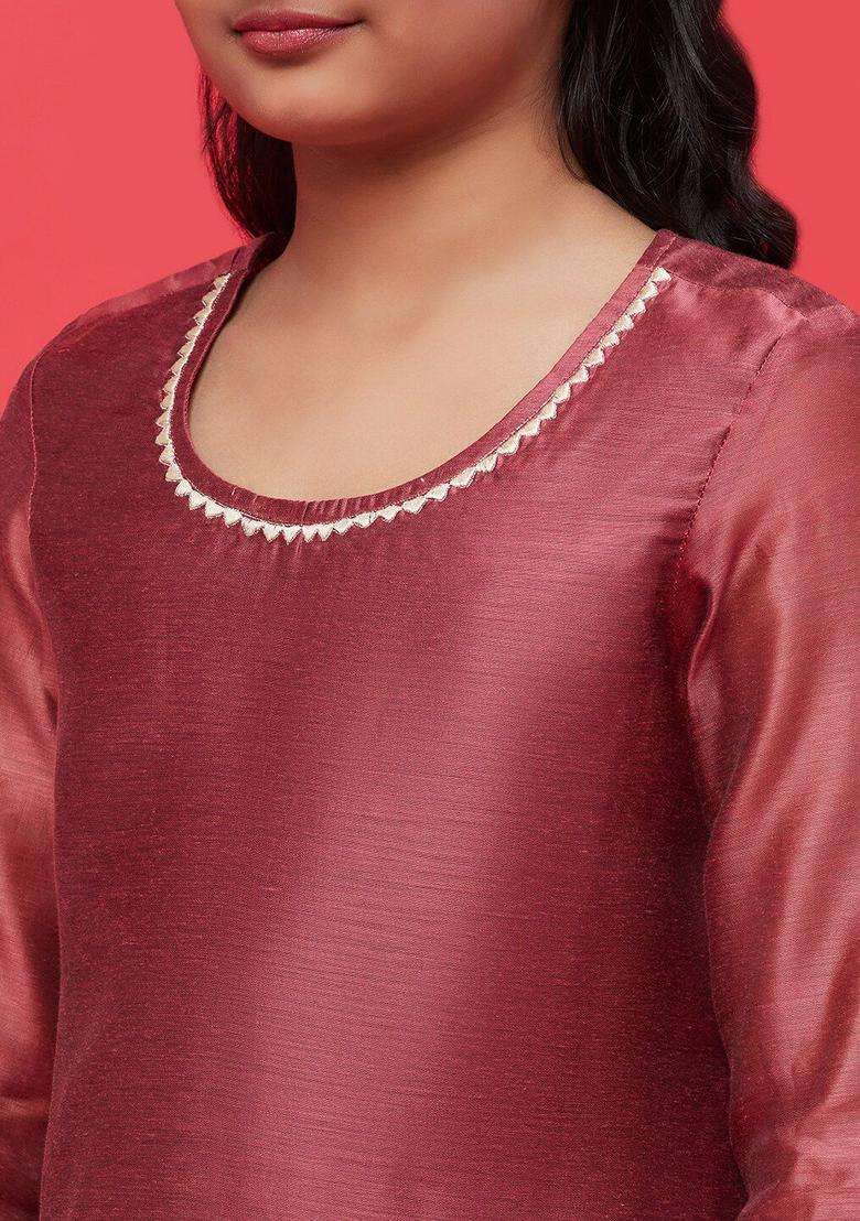 Brown Embroidered Silk Kurta Set For Girls - Indya
