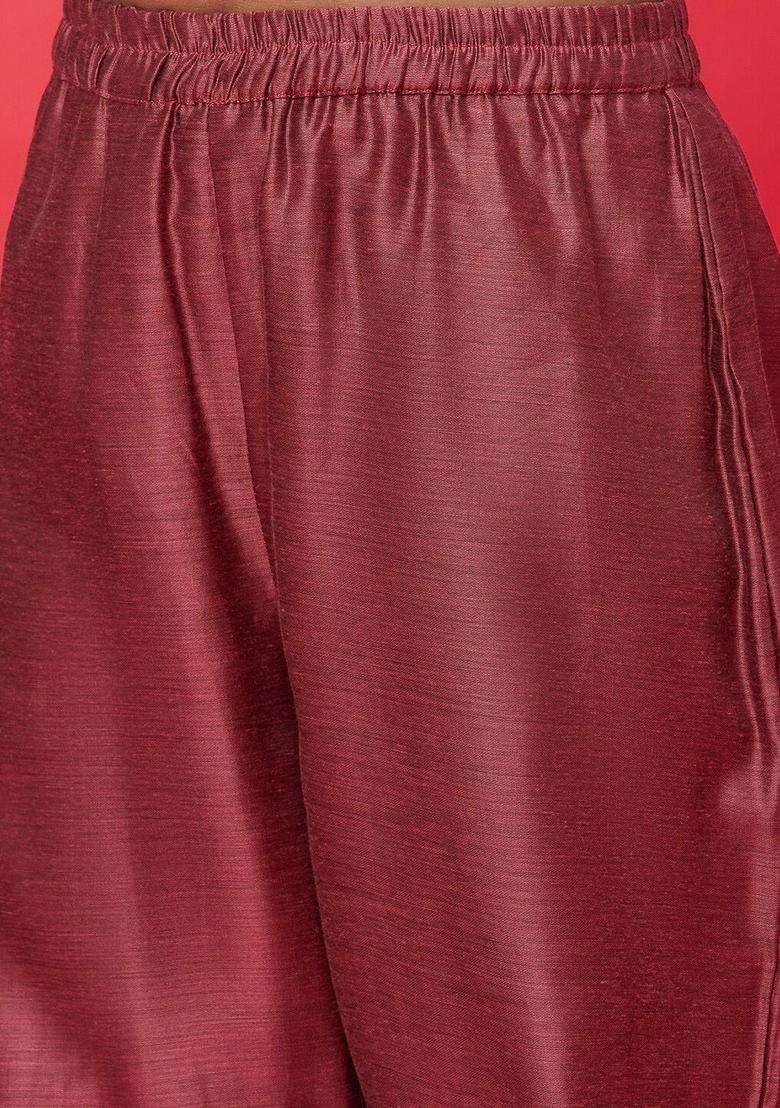 Brown Embroidered Silk Kurta Set For Girls - Indya