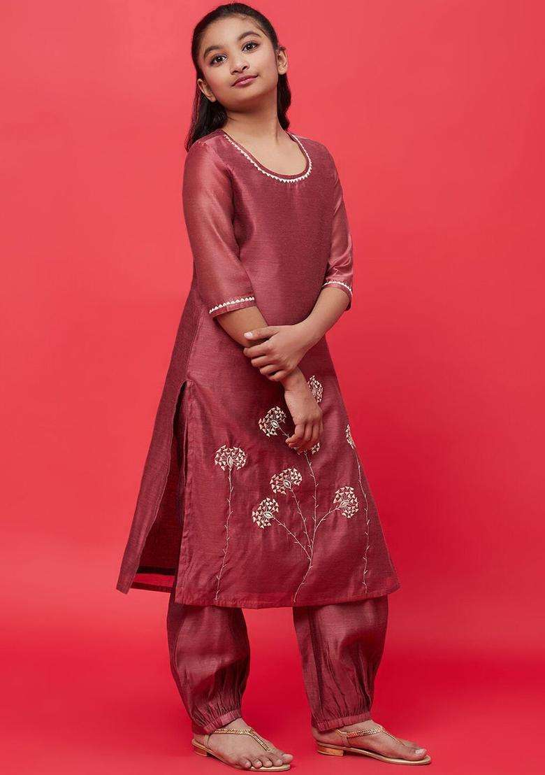 Brown Embroidered Silk Kurta Set For Girls - Indya