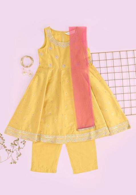 Yellow Embroidered Viscose Kurta Set For Girls — view on Indya