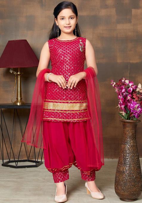 Pink Georgette Kurta Set For Girls — view on Indya