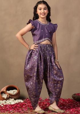 Purple Embroidered Silk Kurta Set For Girls