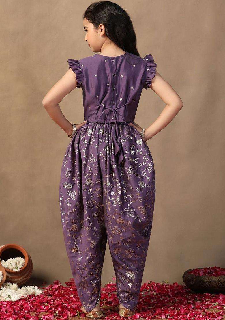 Purple Embroidered Silk Kurta Set For Girls - Indya