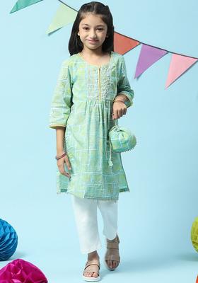Turquoise Blue Printed Cotton Kurta Set For Girls