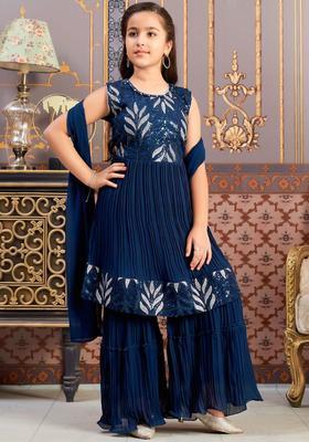 Turquoise Blue Embroidered Georgette Anarkali Kurta Set For Girls
