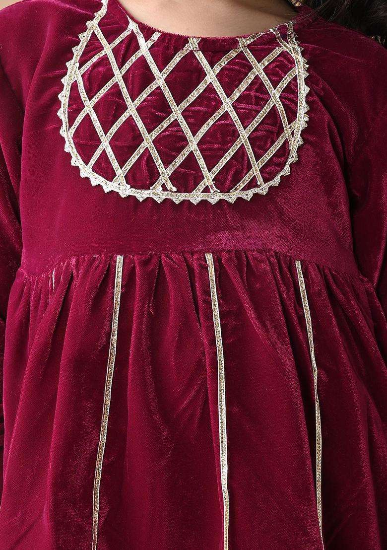 Burgundy Solid Velvet Anarkali Kurta Set For Girls - Indya