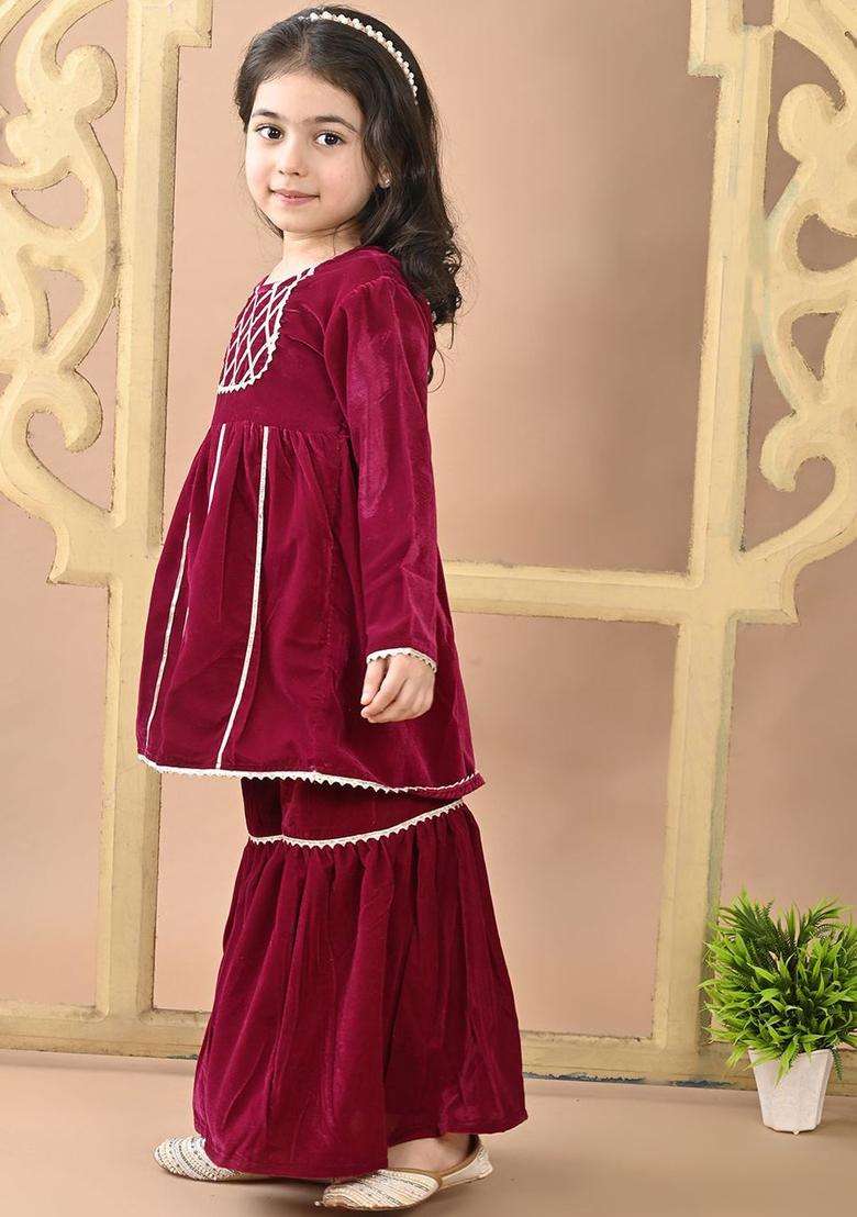 Burgundy Solid Velvet Anarkali Kurta Set For Girls - Indya