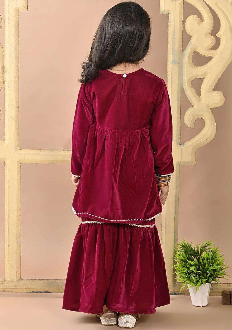 Burgundy Solid Velvet Anarkali Kurta Set For Girls - Indya