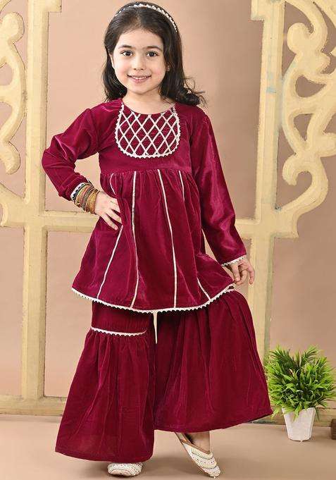 Burgundy Solid Velvet Anarkali Kurta Set For Girls