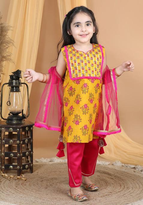 Yellow Printed Cotton Kurta Set For Girls — view on Indya
