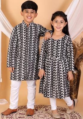 Black Printed Cotton Kurta Set For Girls