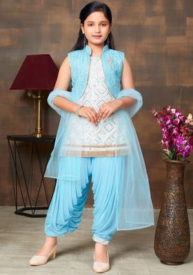 White Embroidered Silk Kurta Set For Girls