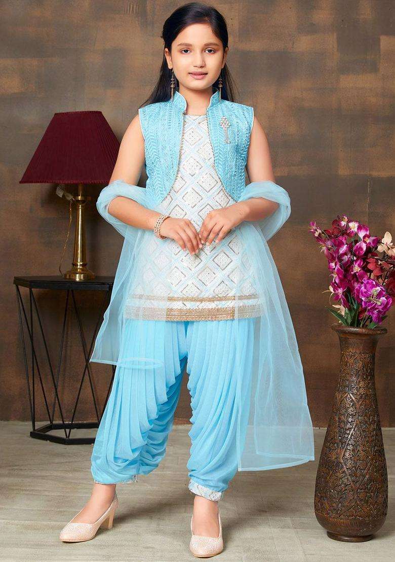 White Embroidered Silk Kurta Set For Girls - Indya