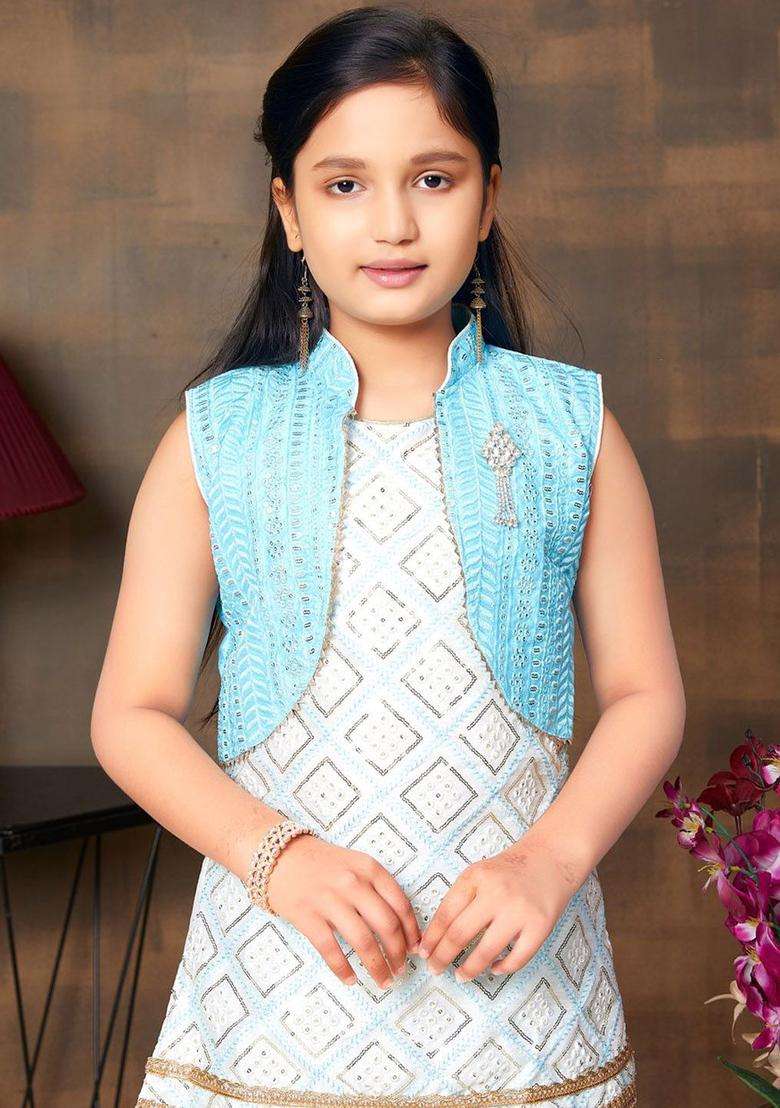 White Embroidered Silk Kurta Set For Girls - Indya