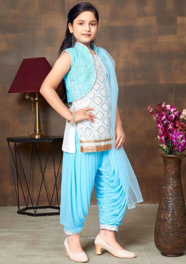 White Embroidered Silk Kurta Set For Girls - Indya