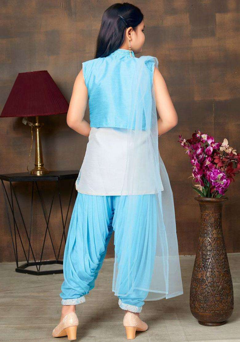 White Embroidered Silk Kurta Set For Girls - Indya