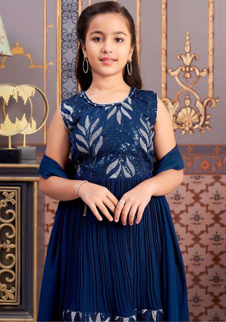 Turquoise Blue Embroidered Georgette Kurta Set For Girls - Indya