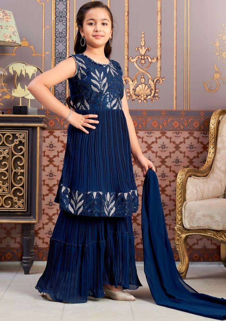 Turquoise Blue Embroidered Georgette Kurta Set For Girls - Indya