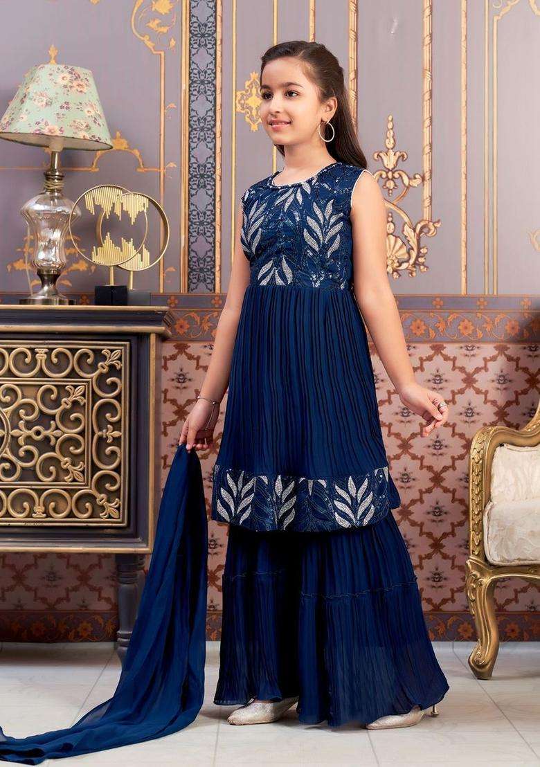 Turquoise Blue Embroidered Georgette Kurta Set For Girls - Indya