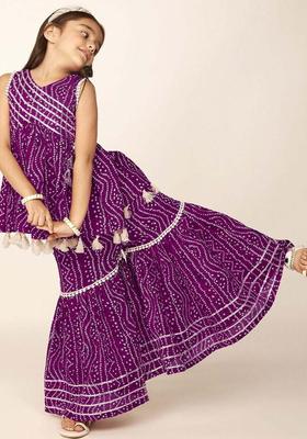 Purple Printed Polyester Kurta Set For Girls