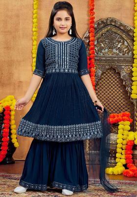 Turquoise Blue Embroidered Georgette Kurta Set For Girls