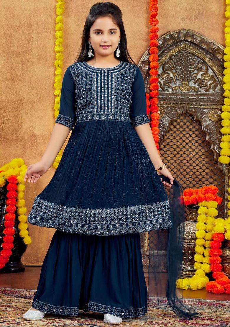 Turquoise Blue Embroidered Georgette Kurta Set For Girls - Indya