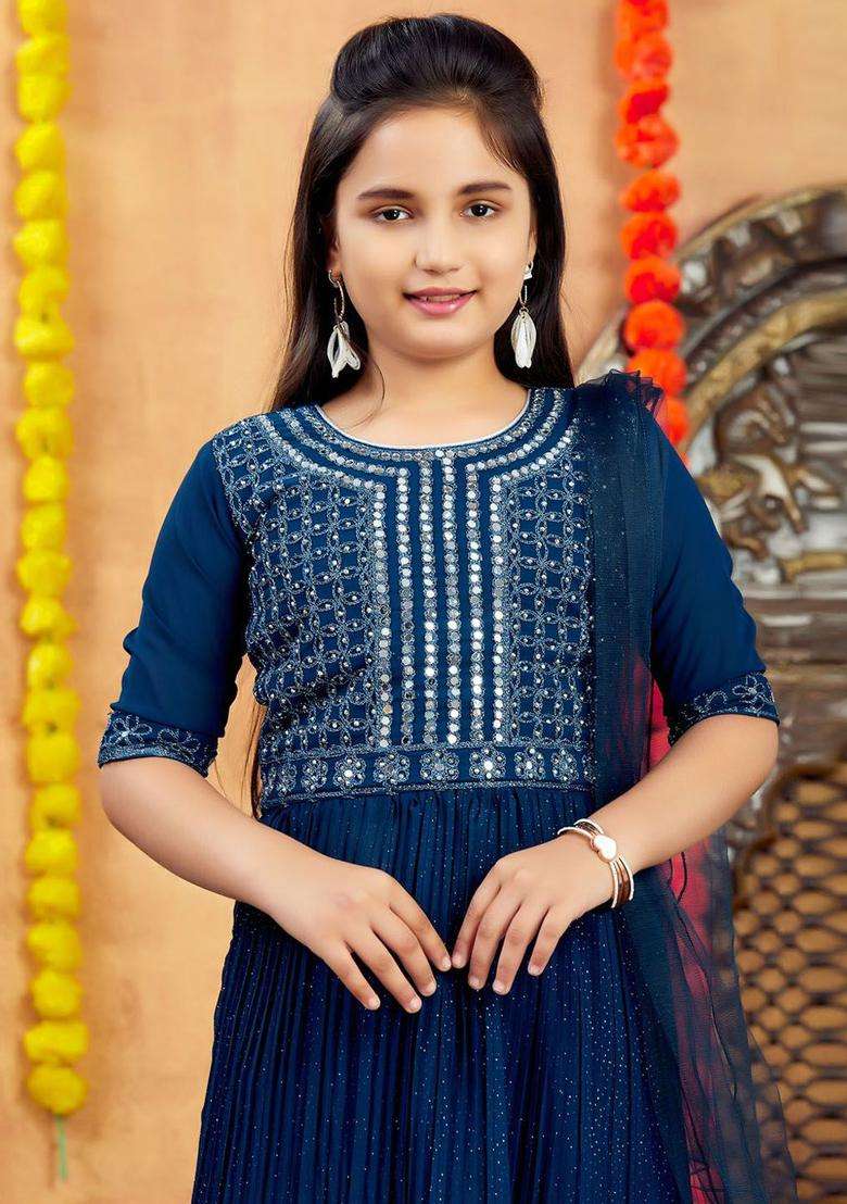 Turquoise Blue Embroidered Georgette Kurta Set For Girls - Indya