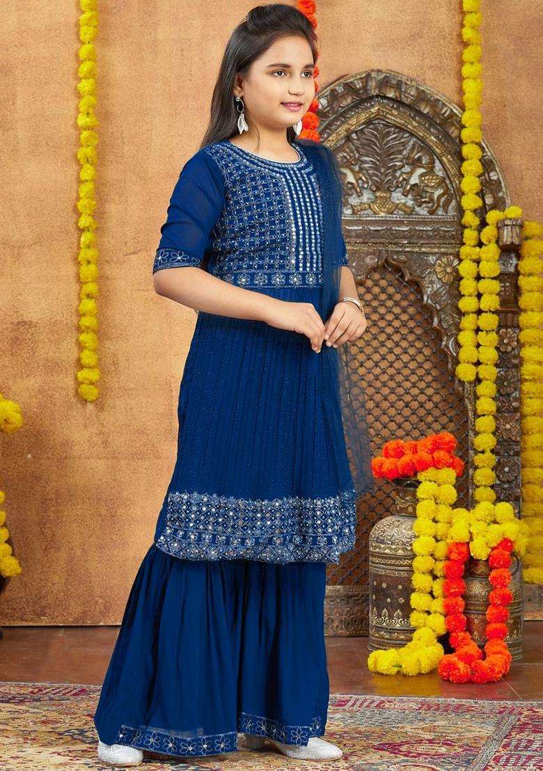 Turquoise Blue Embroidered Georgette Kurta Set For Girls - Indya