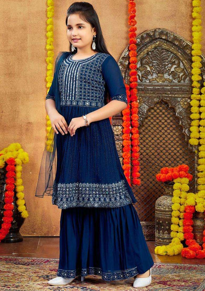 Turquoise Blue Embroidered Georgette Kurta Set For Girls - Indya