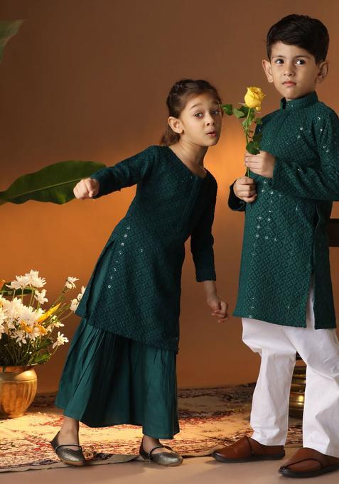 Green Embroidered Cotton Kurta Set For Girls — view on Indya