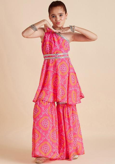 Pink Printed Polyester Kurta Set For Girls — view on Indya
