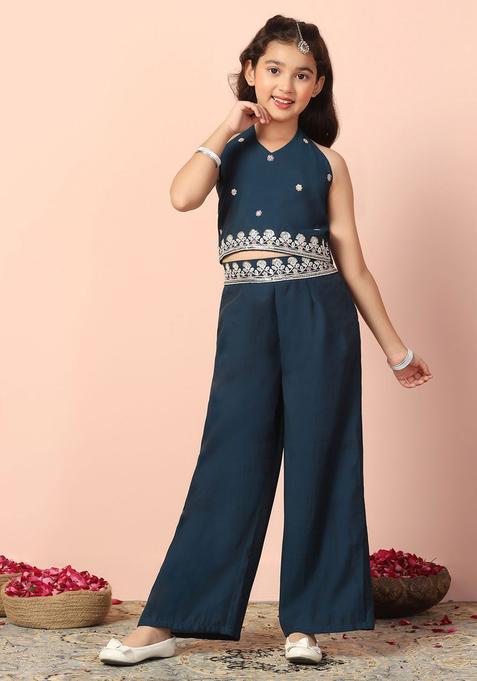Blue Chanderi Kurta Set For Girls — view on Indya