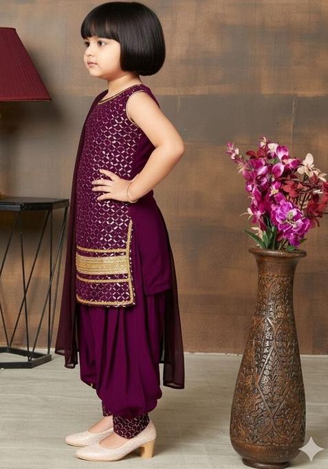 Purple Printed Georgette Kurta Set For Girls — view on Indya