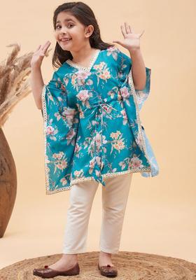 Turquoise Blue Printed Cotton Kurta Set For Girls